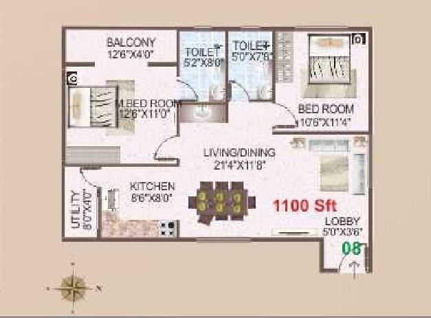Floor plan of 2 BHK 1100 Sq. Ft. Apartment in Sanvi Sankalpam, Bangalore