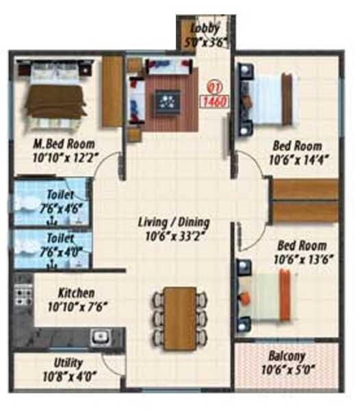 Floor plan of 3 BHK 1460 Sq. Ft. Apartment in Sanvi Sankalpam, Bangalore