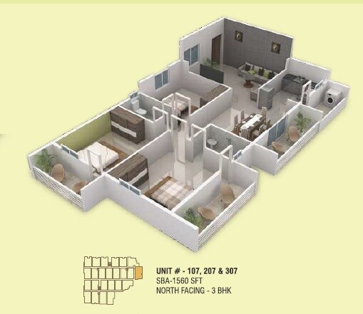 Floor plan of 3 BHK 1560 Sq. Ft. Apartment in Sapthagiri Gokulam, Bangalore