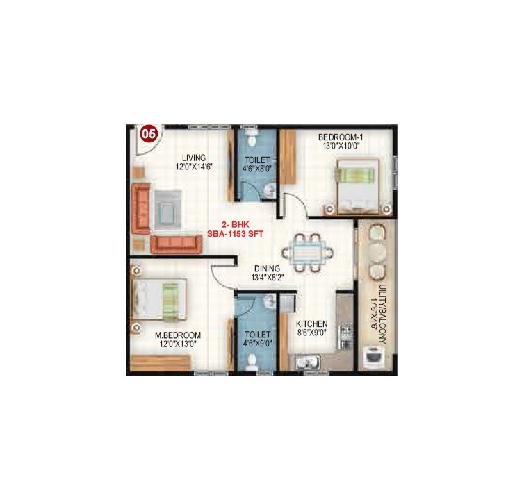 Floor plan of 2 BHK 1153 Sq. Ft. Apartment in Sapthagiri Sandalwoods, Bangalore