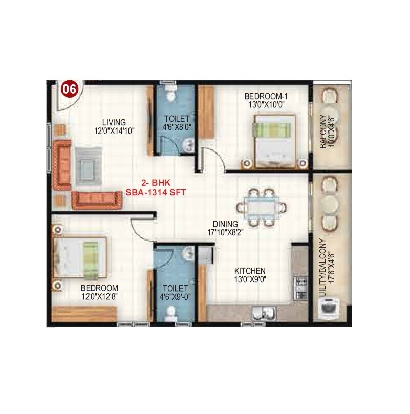 Floor plan of 2 BHK 1314 Sq. Ft. Apartment in Sapthagiri Sandalwoods, Bangalore