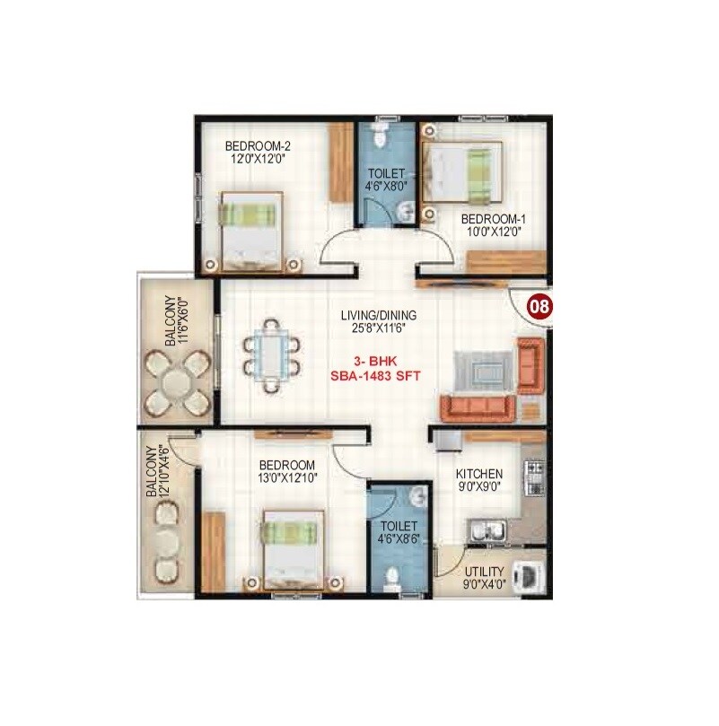 Floor plan of 3 BHK 1483 Sq. Ft. Apartment in Sapthagiri Sandalwoods, Bangalore