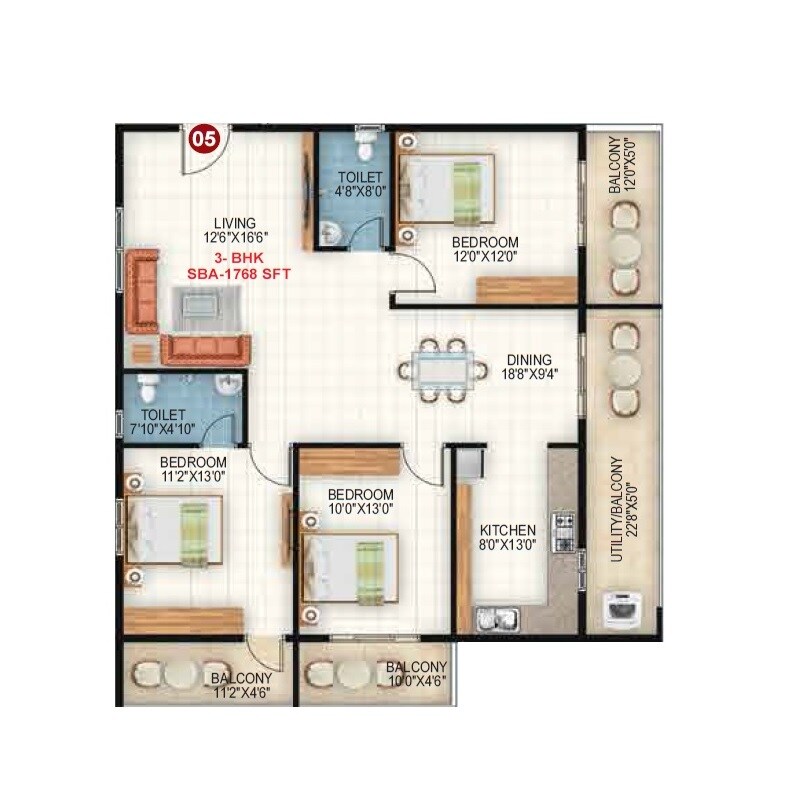 Floor plan of 3 BHK 1768 Sq. Ft. Apartment in Sapthagiri Sandalwoods, Bangalore