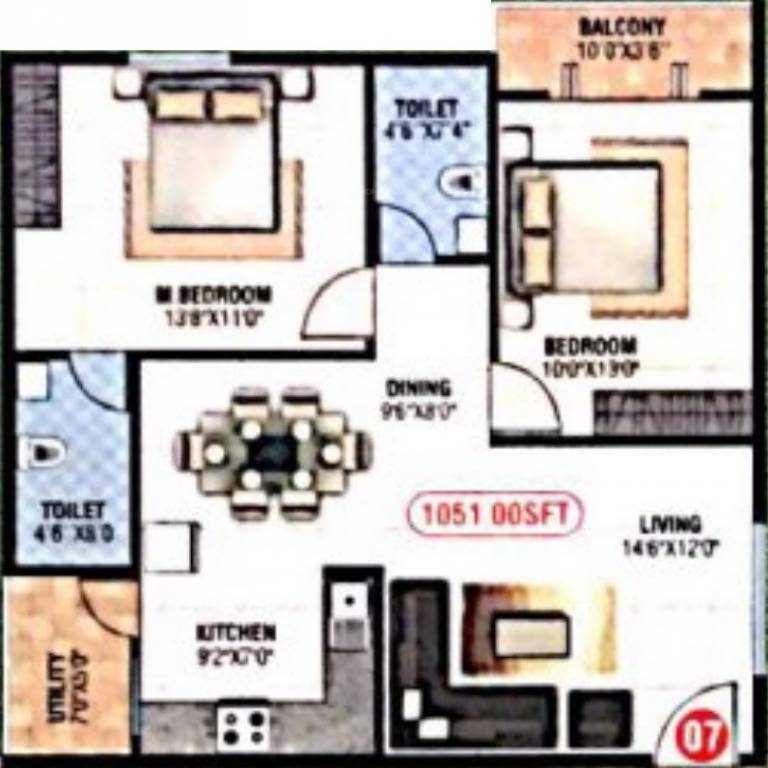 Floor plan of 2 BHK 1051 Sq. Ft. Apartment in Sapthagiri Vaibhava, Bangalore