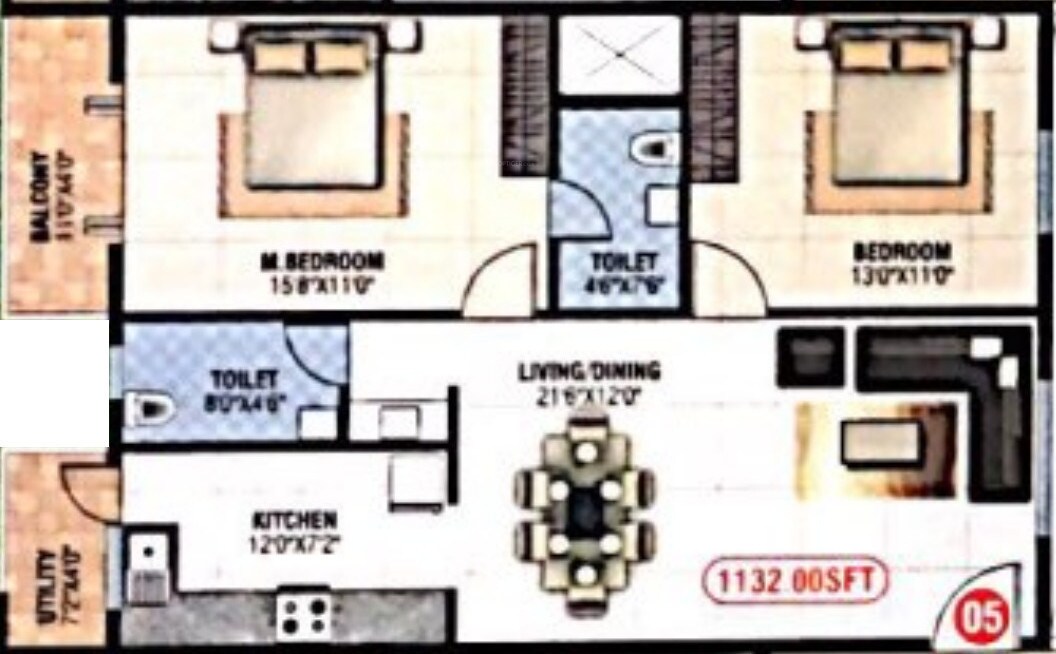 Floor plan of 2 BHK 1132 Sq. Ft. Apartment in Sapthagiri Vaibhava, Bangalore