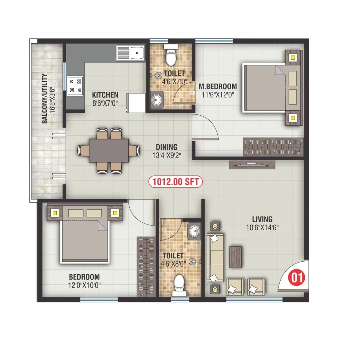 2 BHK 1012 Sq. Ft. Apartment