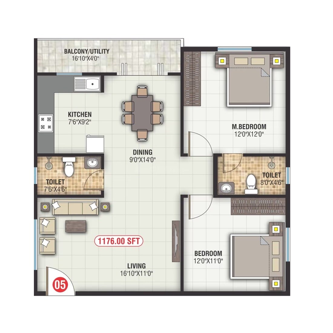 Floor plan of 2 BHK 1176 Sq. Ft. Apartment in Saranya Samruddhi, Bangalore