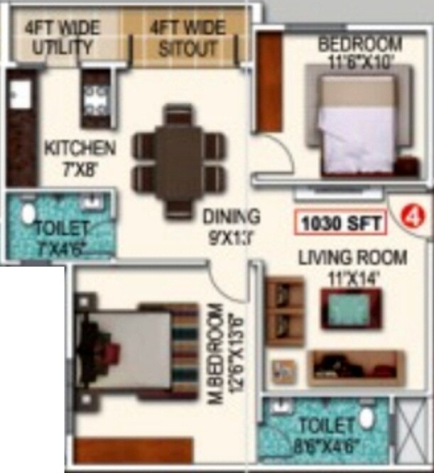 2 BHK 1030 Sq. Ft. Apartment