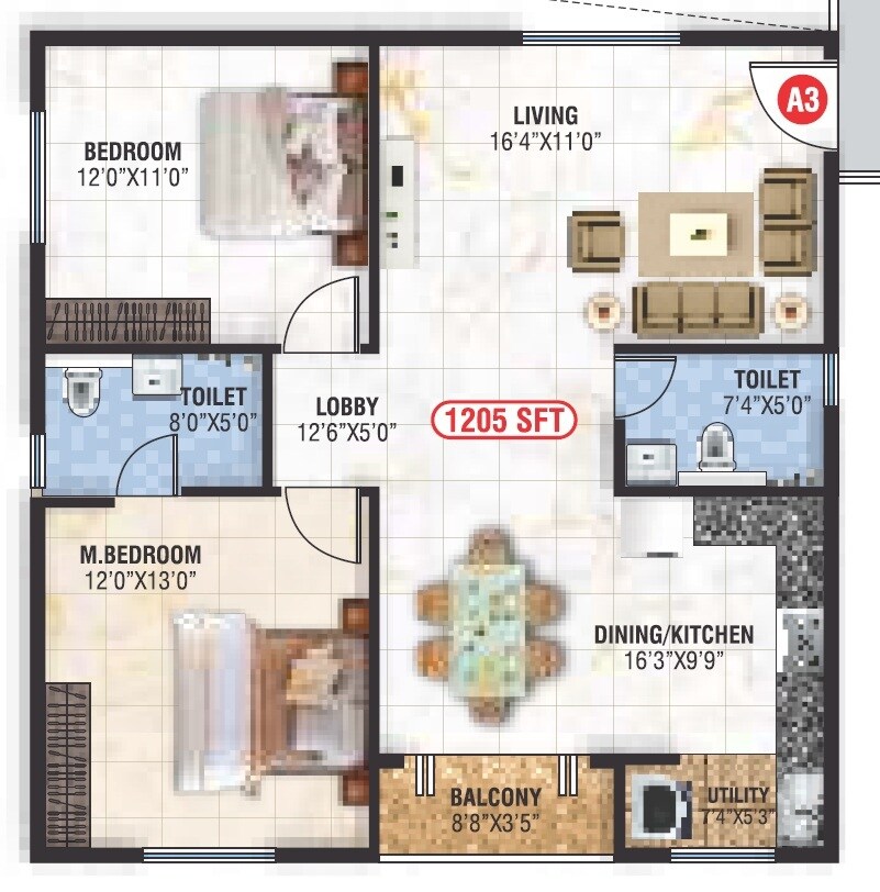 Floor plan of 2 BHK 1205 Sq. Ft. Apartment in Saranya Signature, Bangalore