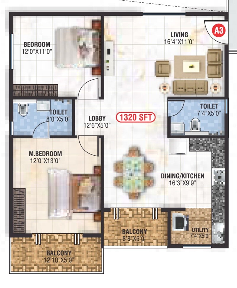 Floor plan of 2 BHK 1320 Sq. Ft. Apartment in Saranya Signature, Bangalore