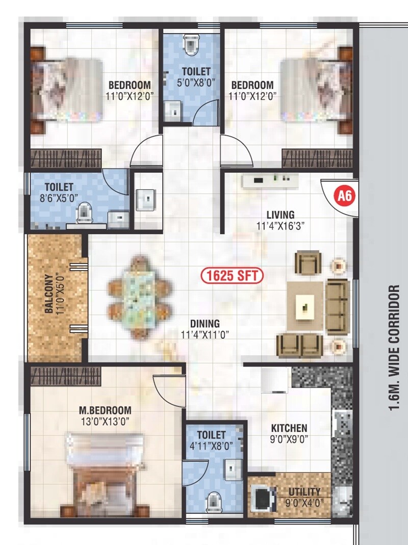 Floor plan of 3 BHK 1625 Sq. Ft. Apartment in Saranya Signature, Bangalore