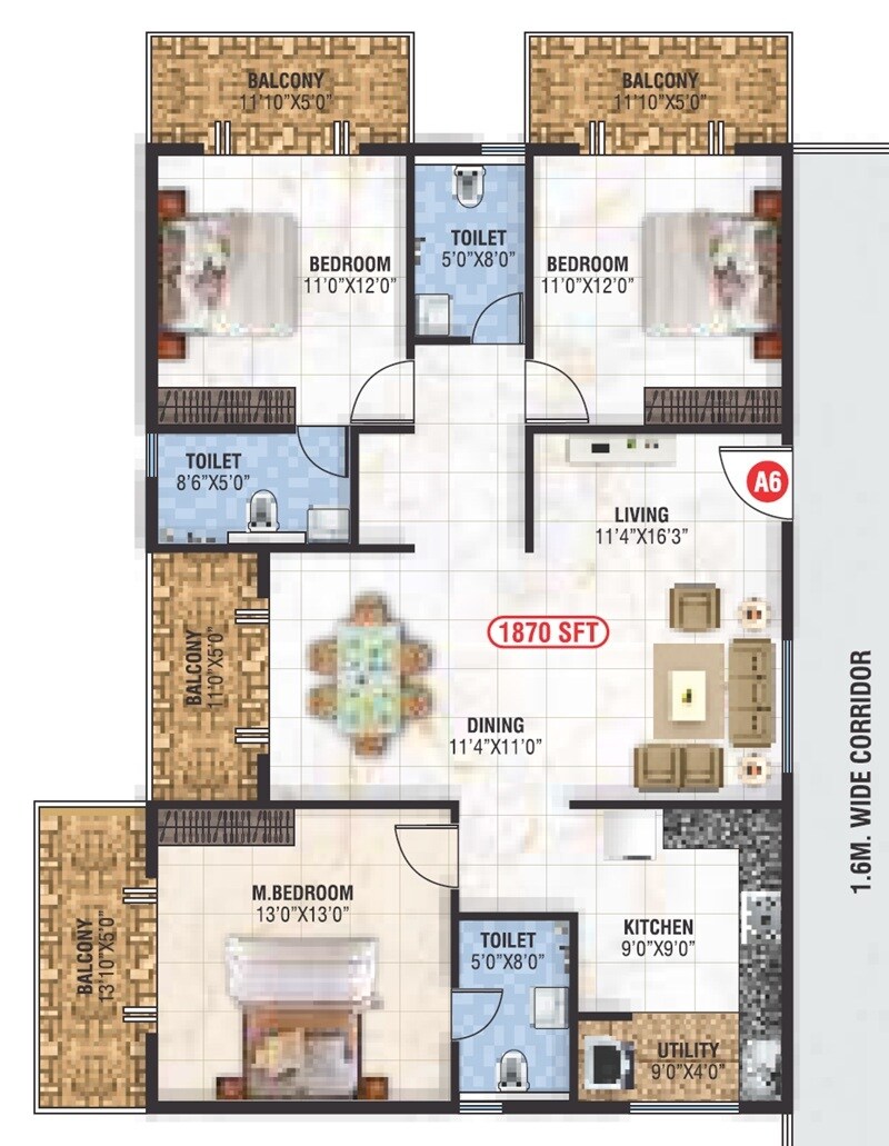 Floor plan of 3 BHK 1870 Sq. Ft. Apartment in Saranya Signature, Bangalore