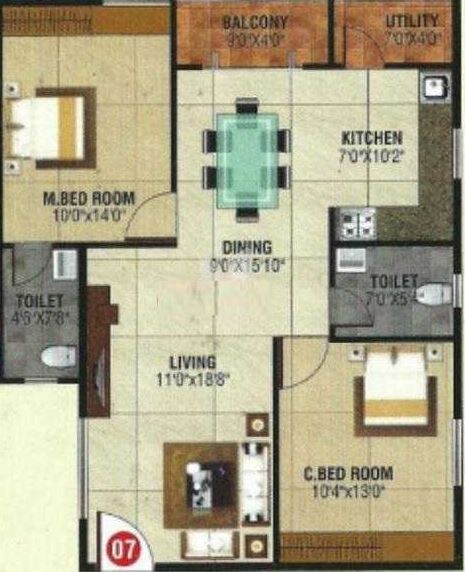 Floor plan of 2 BHK Apartment - 1188 sq. ft. in Saranya Silver Stone, Bangalore