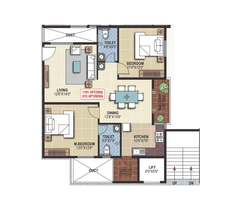 Floor plan of 2 BHK 1191 Sq. Ft. Apartment in Saranya Sreshta, Bangalore