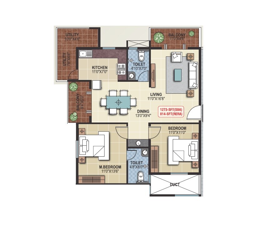 Floor plan of 2 BHK 1273 Sq. Ft. Apartment in Saranya Sreshta, Bangalore