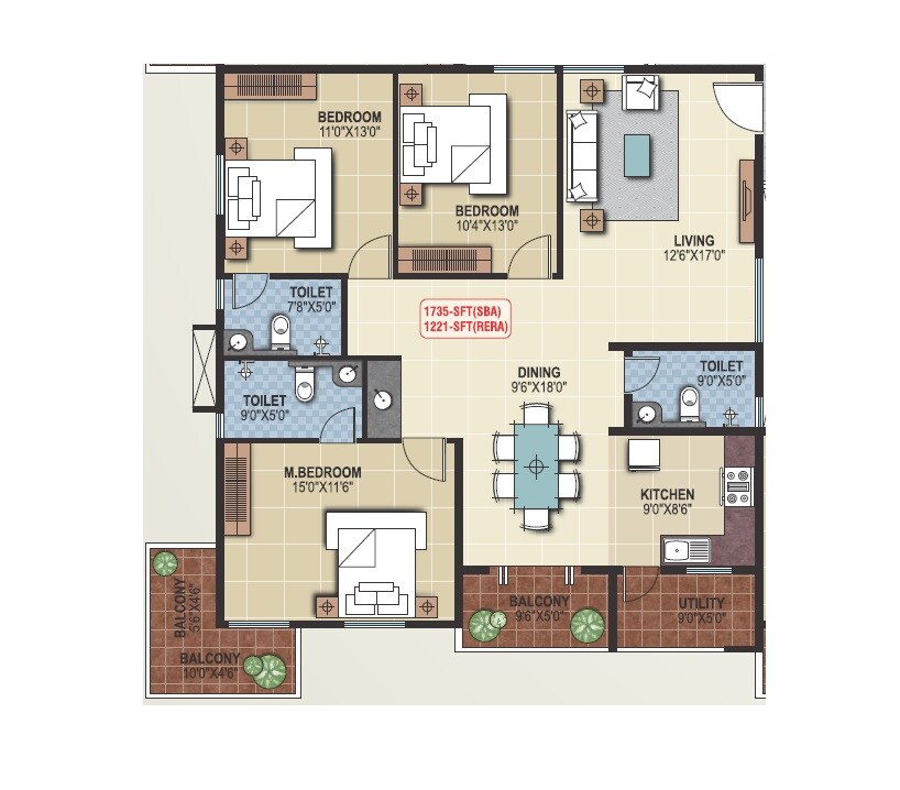 Floor plan of 3 BHK 1735 Sq. Ft. Apartment in Saranya Sreshta, Bangalore