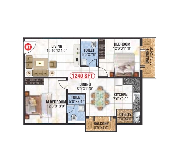 Floor plan of 2 BHK 1240 Sq. Ft. Apartment in Saranya Swarovski, Bangalore