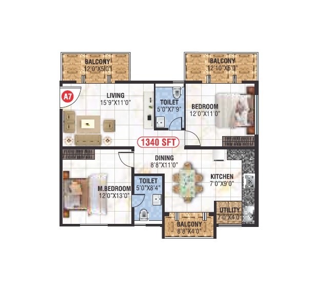 Floor plan of 2 BHK 1340 Sq. Ft. Apartment in Saranya Swarovski, Bangalore