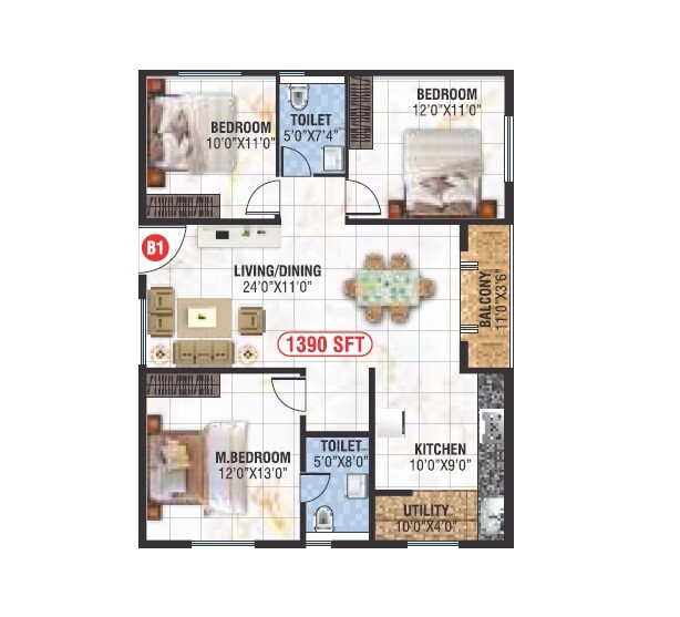 Floor plan of 3 BHK 1390 Sq. Ft. Apartment in Saranya Swarovski, Bangalore