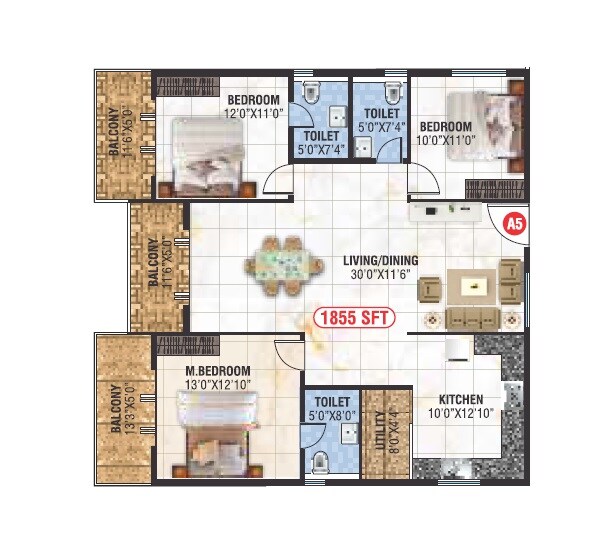 Floor plan of 3 BHK 1855 Sq. Ft. Apartment in Saranya Swarovski, Bangalore