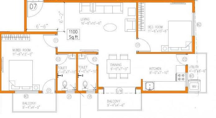 Floor plan of 2 BHK 1100 Sq. Ft. Apartment in Saritha Elan, Bangalore