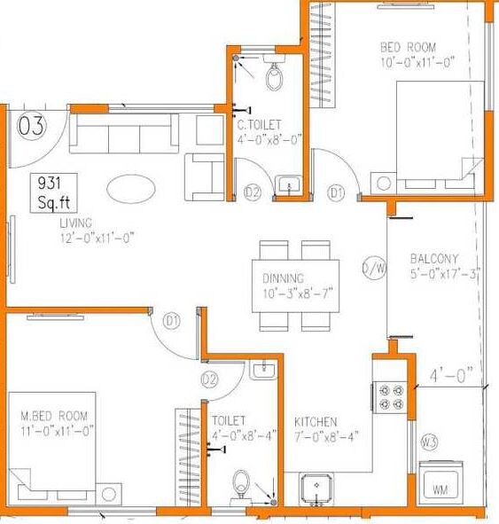 Floor plan of 2 BHK 931 Sq. Ft. Apartment in Saritha Elan, Bangalore