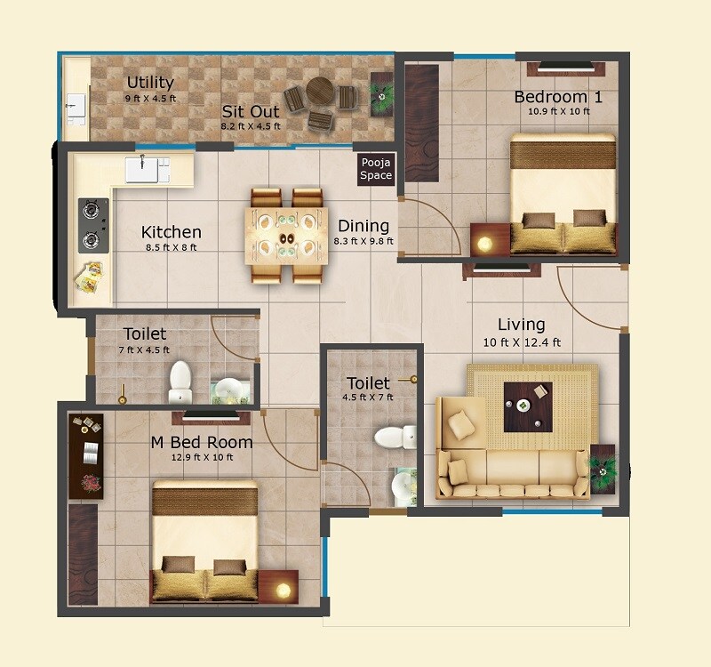 2 BHK 992 Sq. Ft. Apartment