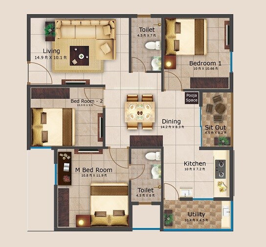 3 BHK 1170 Sq. Ft. Apartment