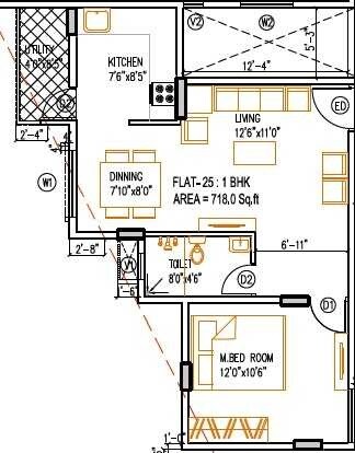 Floor plan of 1 BHK 718 Sq. Ft. Apartment in Saritha Splendor, Bangalore