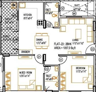 Floor plan of 2 BHK 1057 Sq. Ft. Apartment in Saritha Splendor, Bangalore