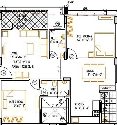 Floor plan of 2 BHK 1238 Sq. Ft. Apartment in Saritha Splendor, Bangalore
