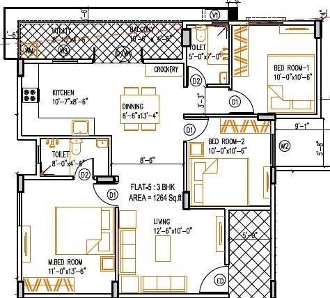 Floor plan of 3 BHK 1264 Sq. Ft. Apartment in Saritha Splendor, Bangalore