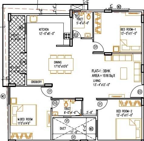 Floor plan of 3 BHK 1516 Sq. Ft. Apartment in Saritha Splendor, Bangalore