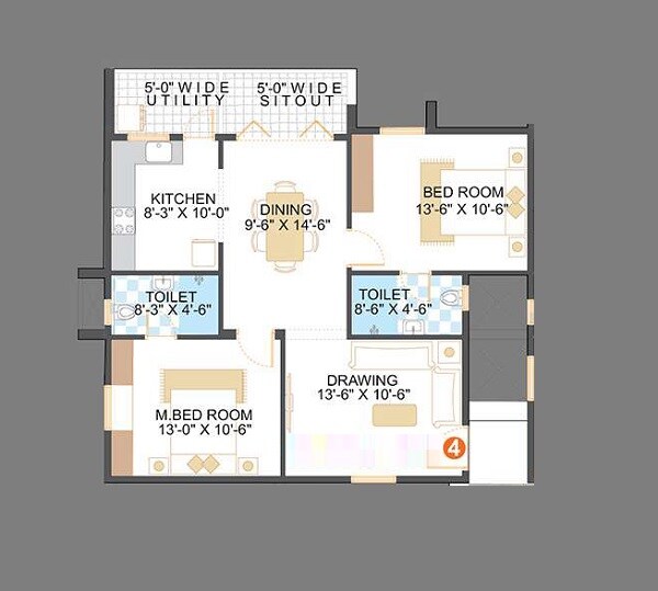 Floor plan of 2 BHK 1060 Sq. Ft. Apartment in Saroj Blue Bell, Bangalore