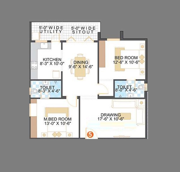 Floor plan of 2 BHK 1110 Sq. Ft. Apartment in Saroj Blue Bell, Bangalore