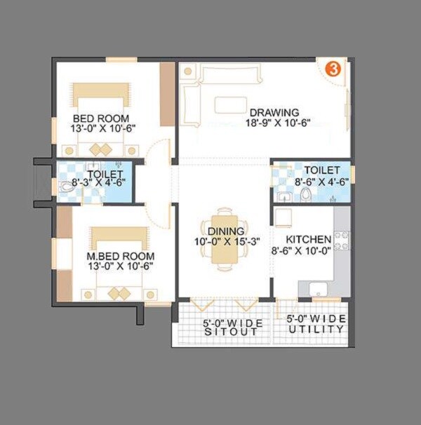 Floor plan of 2 BHK 1230 Sq. Ft. Apartment in Saroj Blue Bell, Bangalore