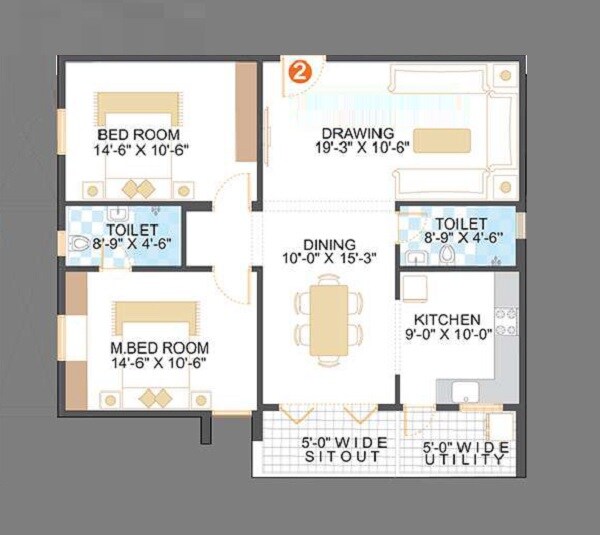 Floor plan of 2 BHK 1365 Sq. Ft. Apartment in Saroj Blue Bell, Bangalore