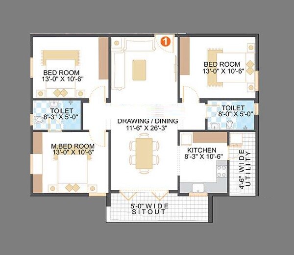 Floor plan of 3 BHK 1385 Sq. Ft. Apartment in Saroj Blue Bell, Bangalore