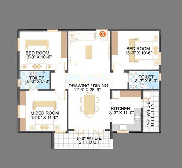 Floor plan of 3 BHK 1415 Sq. Ft. Apartment in Saroj Blue Bell, Bangalore