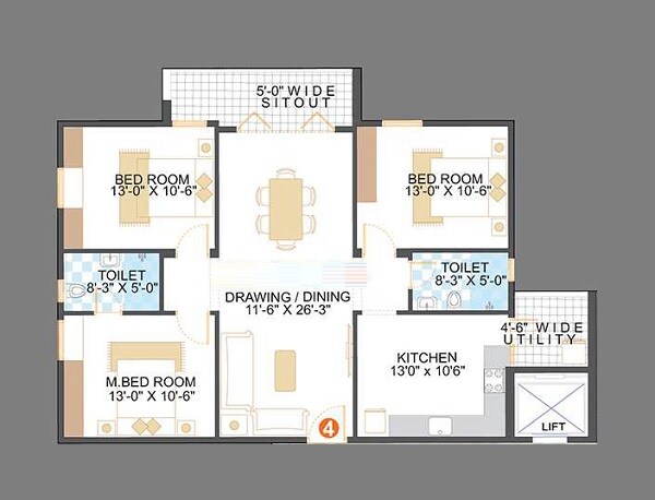 Floor plan of 3 BHK 1650 Sq. Ft. Apartment in Saroj Blue Bell, Bangalore