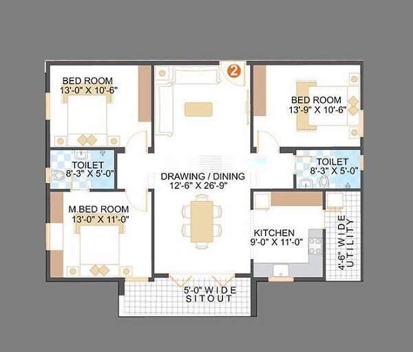 Floor plan of 3 BHK 1700 Sq. Ft. Apartment in Saroj Blue Bell, Bangalore