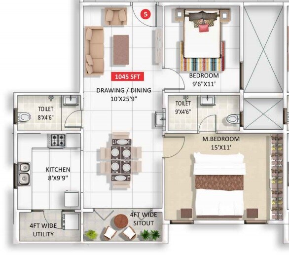 Floor plan of 2 BHK 1045 Sq. Ft. Apartment in Saroj Daffodils, Bangalore