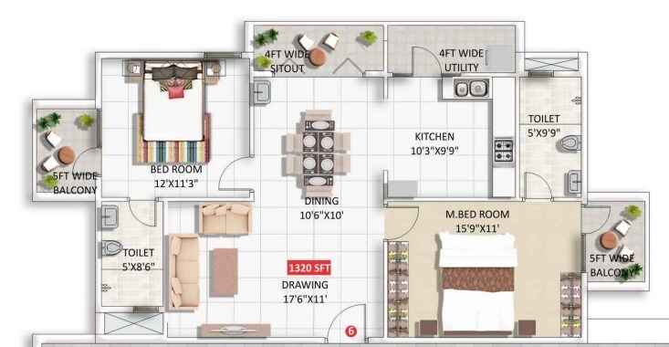 Floor plan of 2 BHK 1320 Sq. Ft. Apartment in Saroj Daffodils, Bangalore