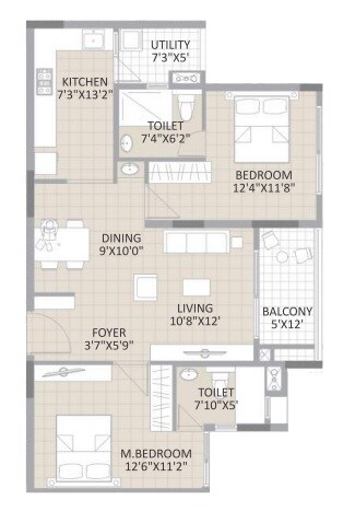 Floor plan of 2 BHK 1260 Sq. Ft. Apartment in Saroj Harmony, Bangalore