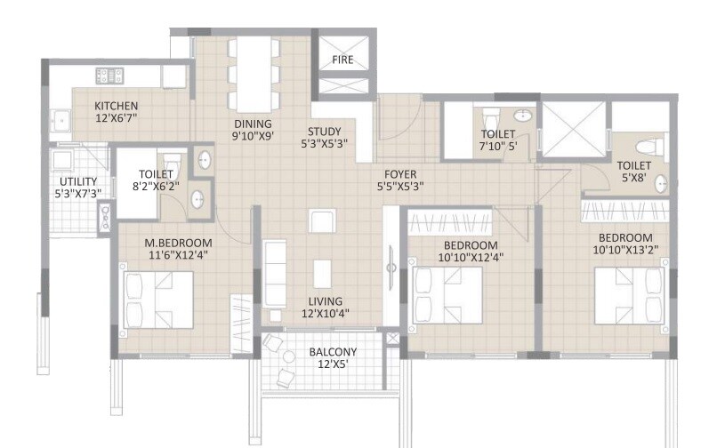 Floor plan of 3 BHK 1655 Sq. Ft. Apartment in Saroj Harmony, Bangalore