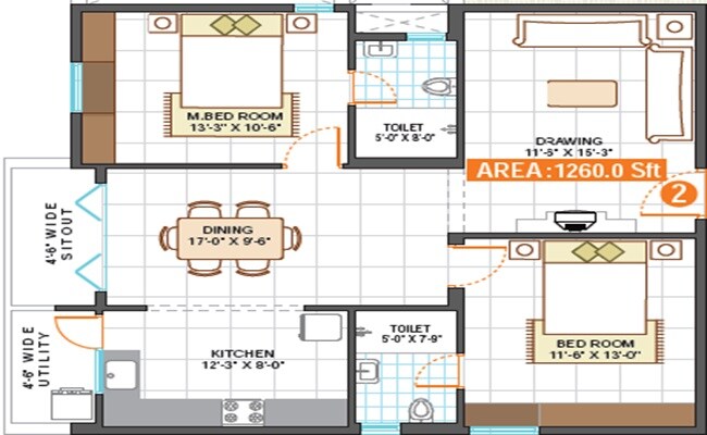 Floor plan of 2 BHK 1260 Sq. Ft. Apartment in Saroj Iris, Bangalore