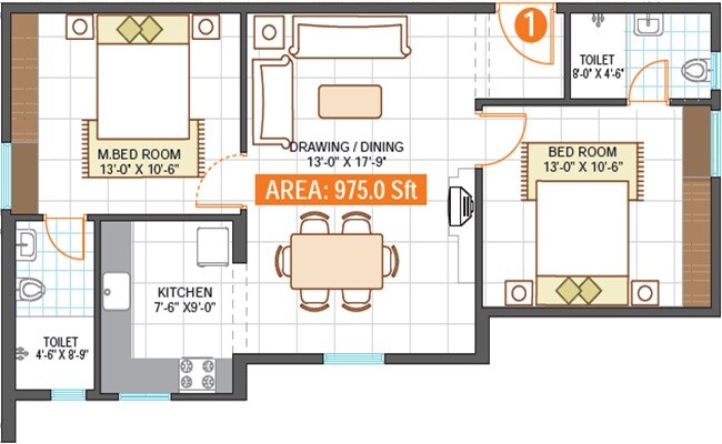 Floor plan of 2 BHK 975 Sq. Ft. Apartment in Saroj Iris, Bangalore