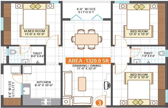 Floor plan of 3 BHK 1320 Sq. Ft. Apartment in Saroj Iris, Bangalore
