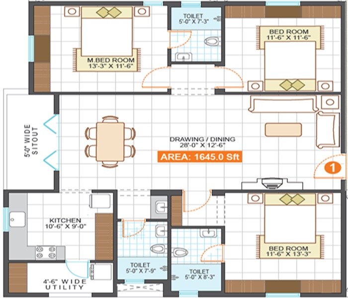 Floor plan of 3 BHK 1645 Sq. Ft. Apartment in Saroj Iris, Bangalore