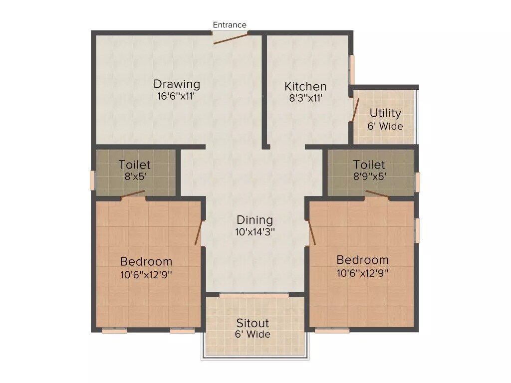 Floor plan of 2 BHK 1245 Sq. Ft. Apartment in Saroj Tulip, Bangalore